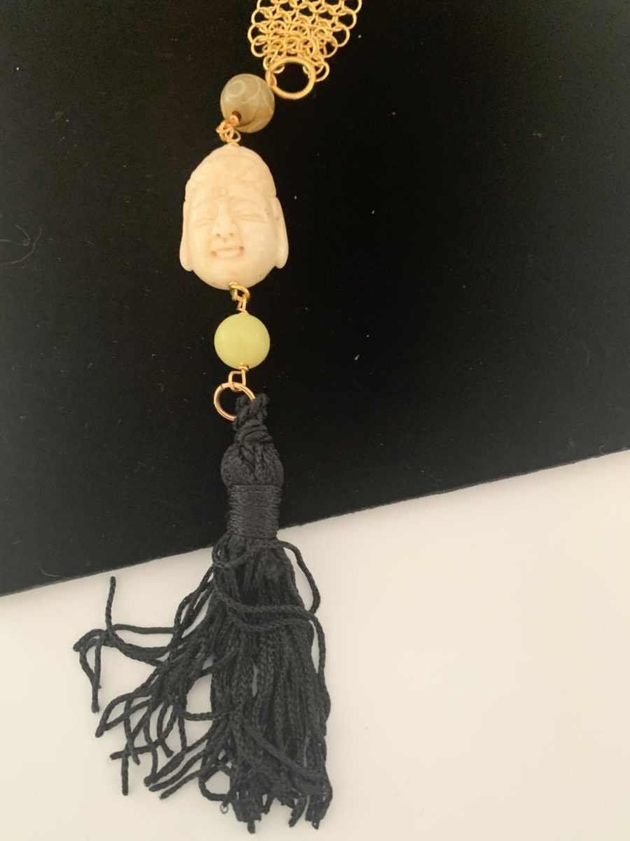 Chain Maille + Jade Buddha Tassel Necklace, Lariat, Scarf, Belt
