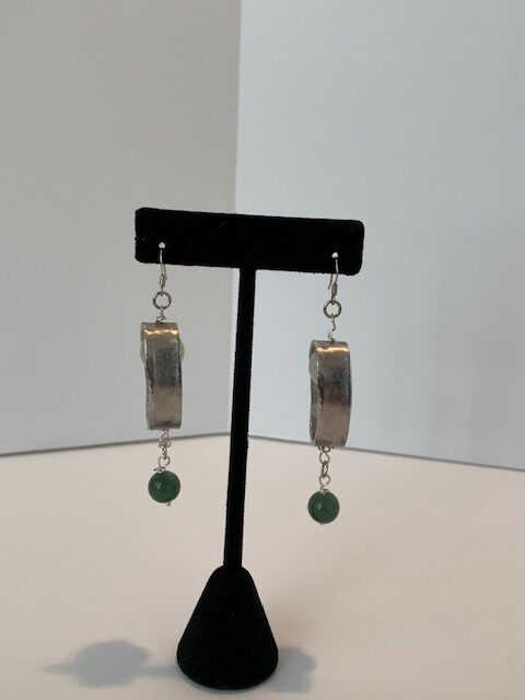 Silver Oval Earrings with Light & Dark Jade Drop