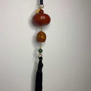 African Amber with Antique Jade Bead, Cornelian Bead, Hand Carved Head and Tassel Necklace