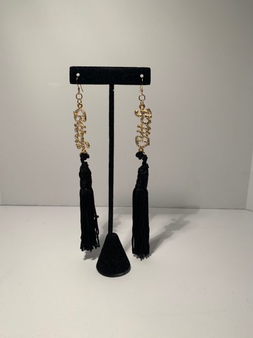 Assertive Female Earrings with Paved Clear Swarovski Stones Spelling “Bitch” in Italics with Tassel