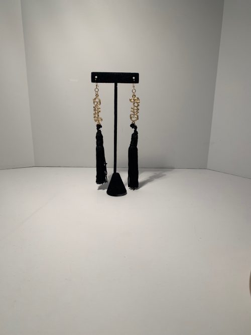 Assertive Female Earrings with Paved Clear Swarovski Stones Spelling “Bitch” in Italics with Tassel
