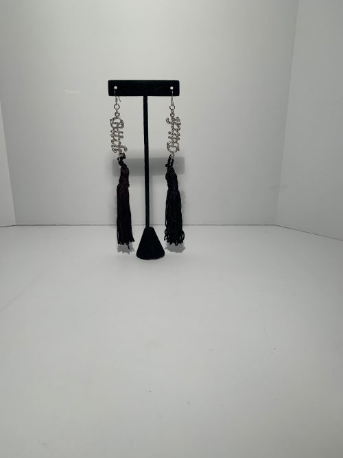 Silver Assertive Female Earrings with Paved Clear Swarovski Stones Spelling “Bitch” in Italics with Tassel