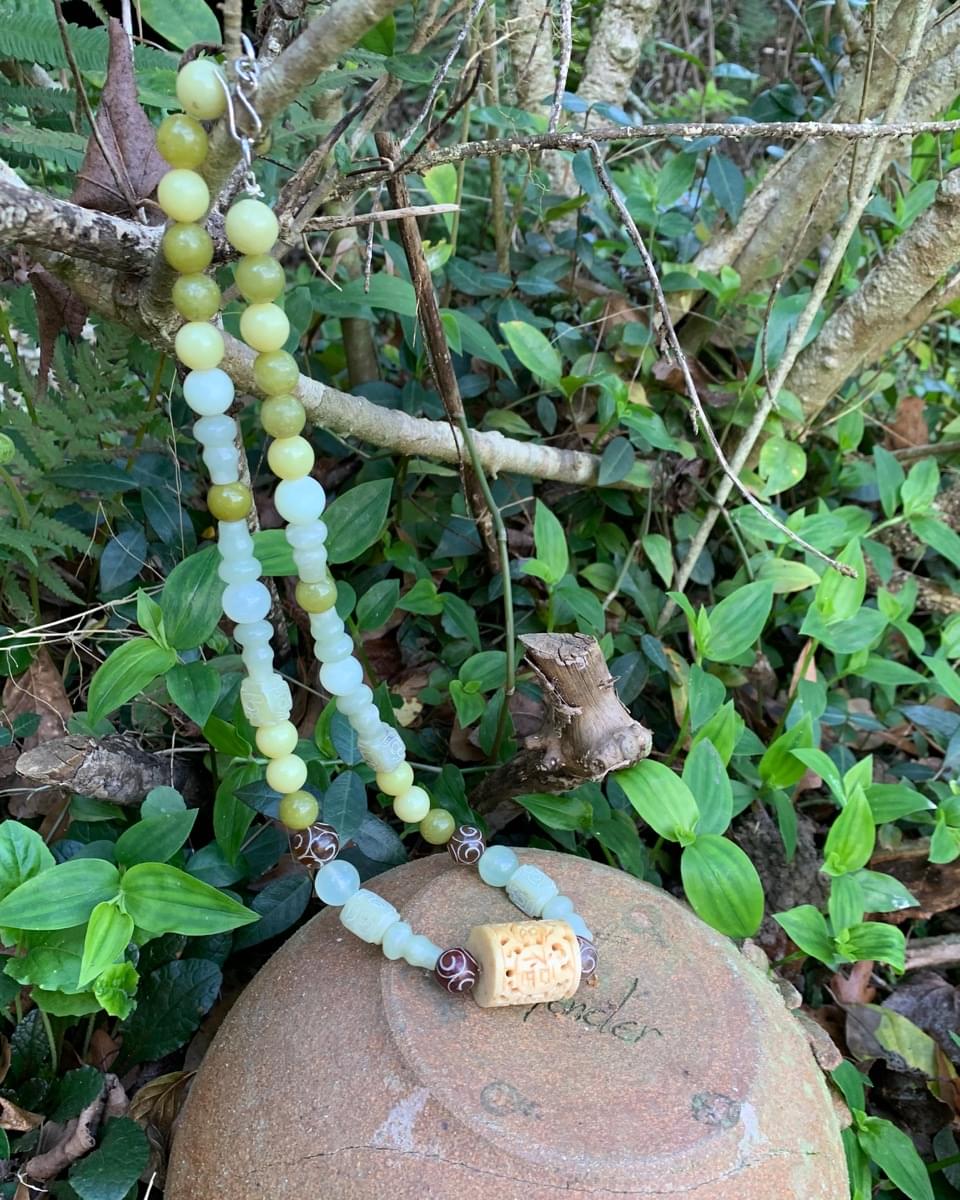 Genuine Jade and Decorative Carved Bone Necklace