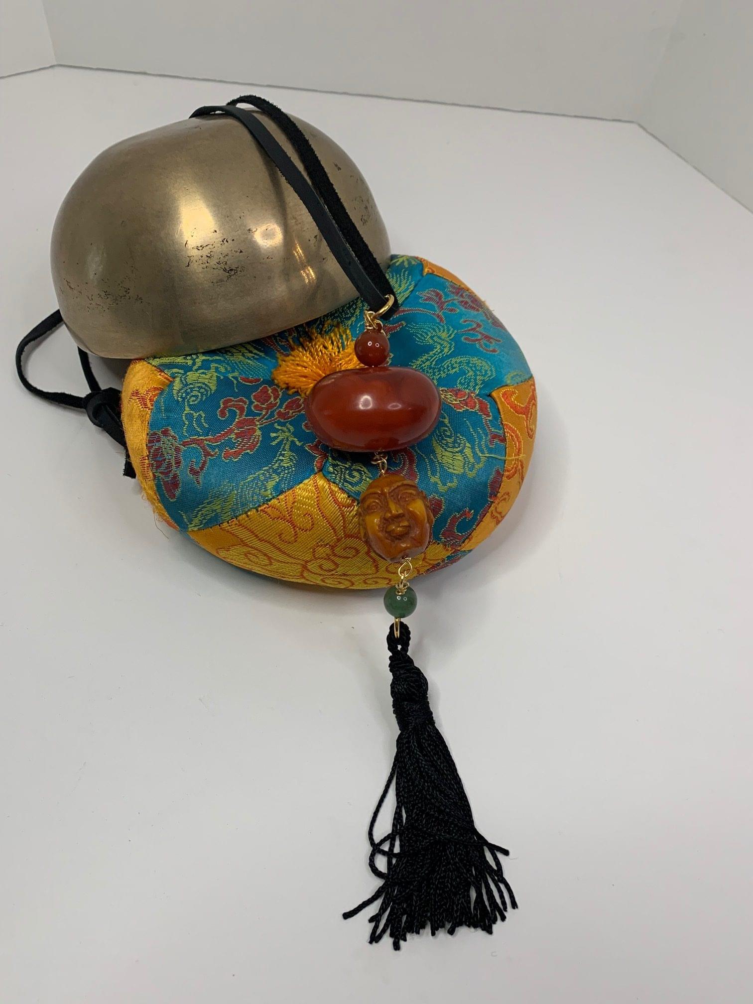 African Amber with Antique Jade Bead, Cornelian Bead, Hand Carved Head and Tassel Necklace