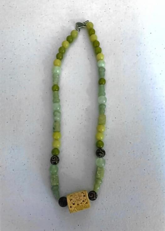 Genuine Jade and Decorative Carved Bone Necklace